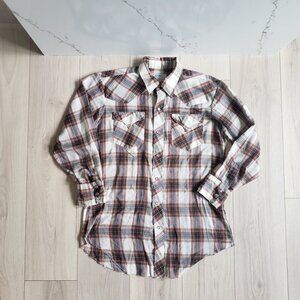 VTG H Bar C California Ranchwear Shirt Mens L Long Tail Tan Plaid Pearl Snap USA